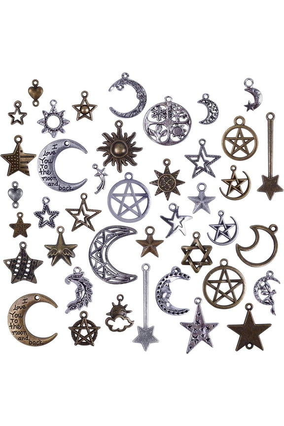 100 Gram(Approx 73 Pieces) Mixed Sun Moon Star Charms Antique Celestial Charms Pendants for Bracelets, Necklaces, Crafts and Jewelry Making, Assorted Colors