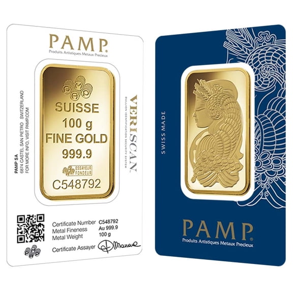 100 Gram Gold Bar PAMP Suisse Lady Fortuna Veriscan .9999 Fine (in Assay)