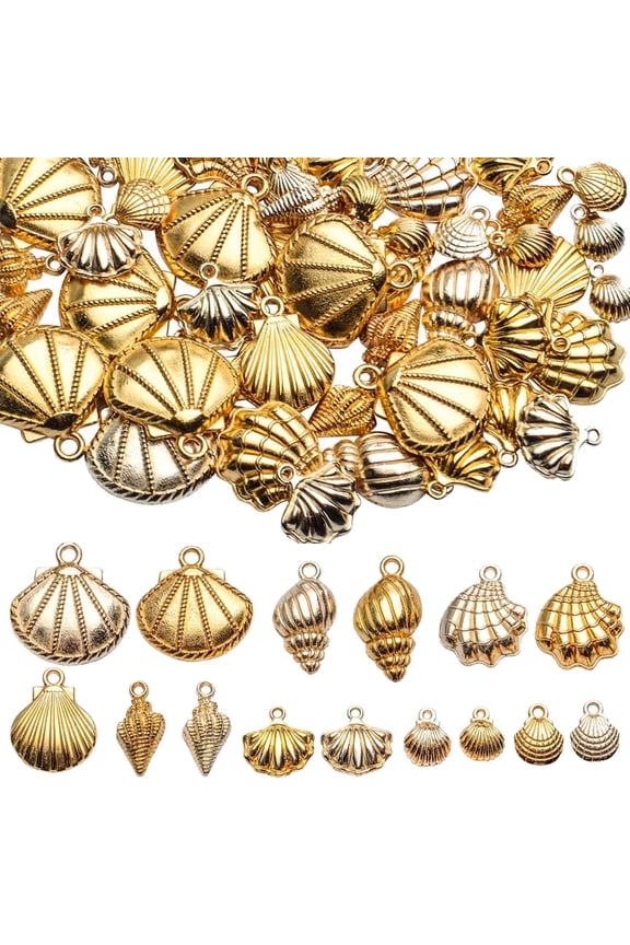100 Gram Seashell Charms, Gold Shell Ocean Theme Pendants - Conch, Scallops, Mussel, Marine Life, for Jewelry Making, Necklace, Bracelet Crafting