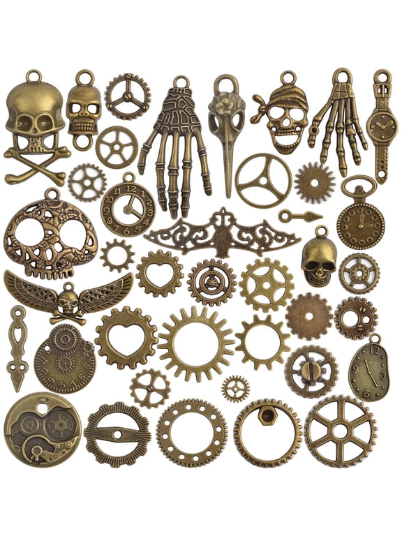 100 Gram Steampunk Gears Charms Vintage Alloy Mixed Watch Wheel Cog Skull Hands Skeleton for Art Craft Jewelry Making Pirate Cosplay Decor, Antique Bronze