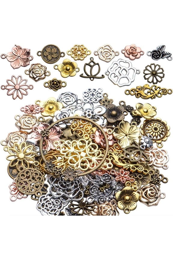 100 Gram Tibetan Style Mixed Flower Shape Pendants Metal Beads Link Charms Jewelry Connectors, for DIY Earring Necklace Jewelry Making
