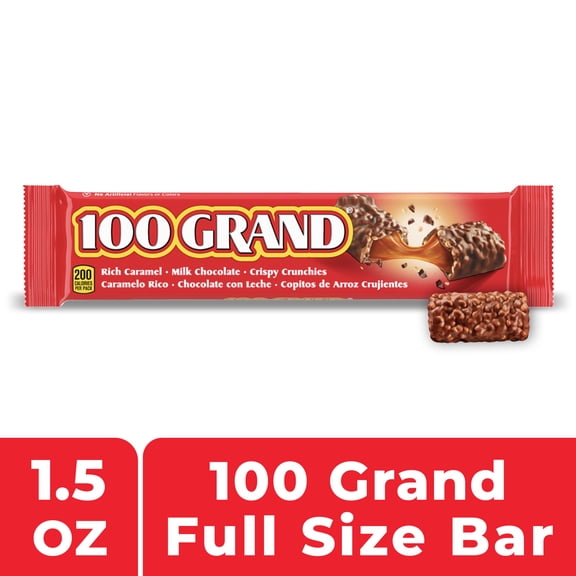 100 Grand Candy Bar, Milk Chocolate with Rich Caramel, Full Size Chocolate Bar, 1.5 oz