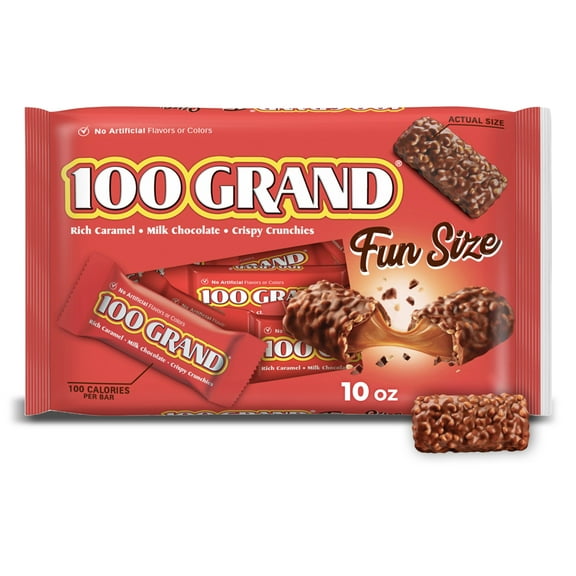 100 Grand Candy Bar, Milk Chocolate with Rich Caramel, Fun Size Individually Wrapped Candy Bars, 10 oz Bag