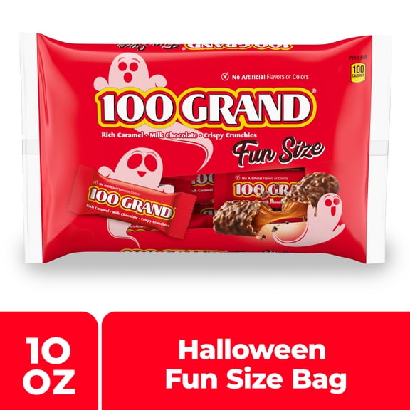 100 Grand Fun Size Halloween Chocolate Candy Bars, Halloween Candy Bulk, Crispy Crunchies and Milk Chocolate with Rich Caramel, 10 oz