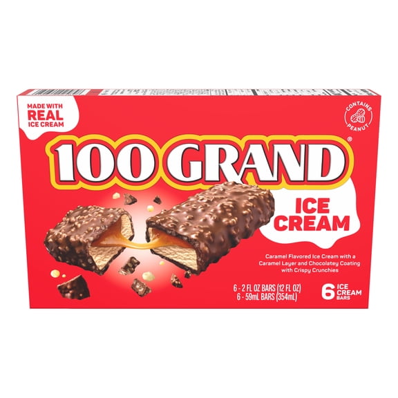 100 Grand Ice Cream Bars with Caramel, Crispy Crunchies & Chocolatey Coating, 6 pack, Frozen Dessert
