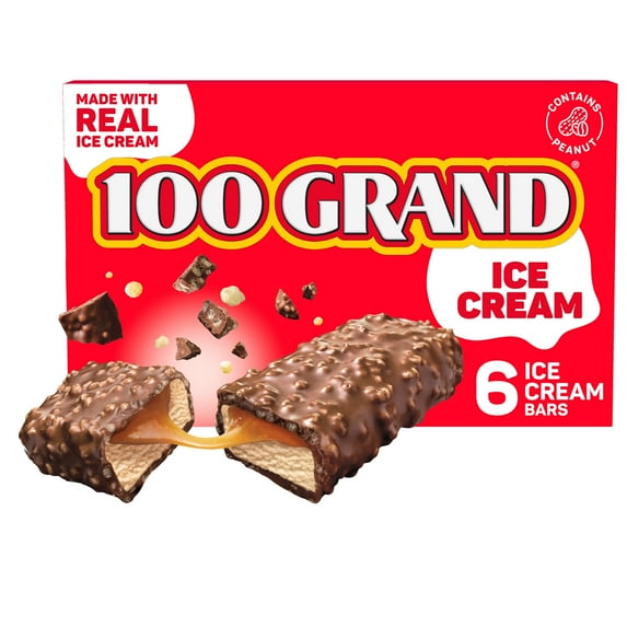 100 Grand Ice Cream Bars with Caramel, Crispy Crunchies & Chocolatey Coating, 6 pack, Frozen Dessert