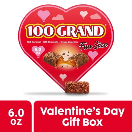 100 Grand Milk Chocolate with Chewy Caramel, Valentines Day heart shaped gift box, Individually Wrapped 6 oz