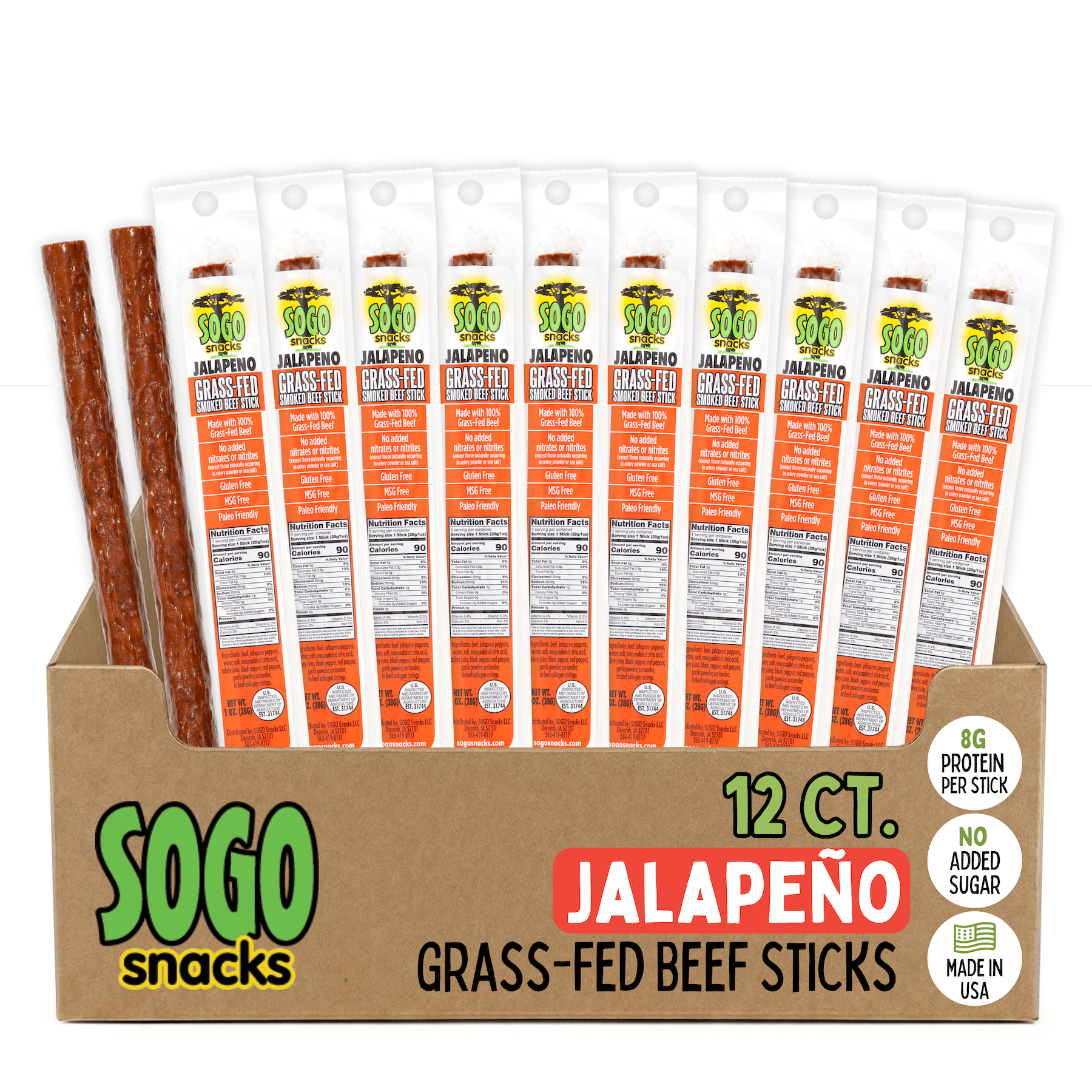 Jalapeno 100% Grass Fed Beef Sticks, Low Carb and Gluten-Free Snack, Hiking and Road Trip Snacks, Snack Pack of 12 Level 3.5 of 5 Spicy Jerky Sticks - Sogo Snacks