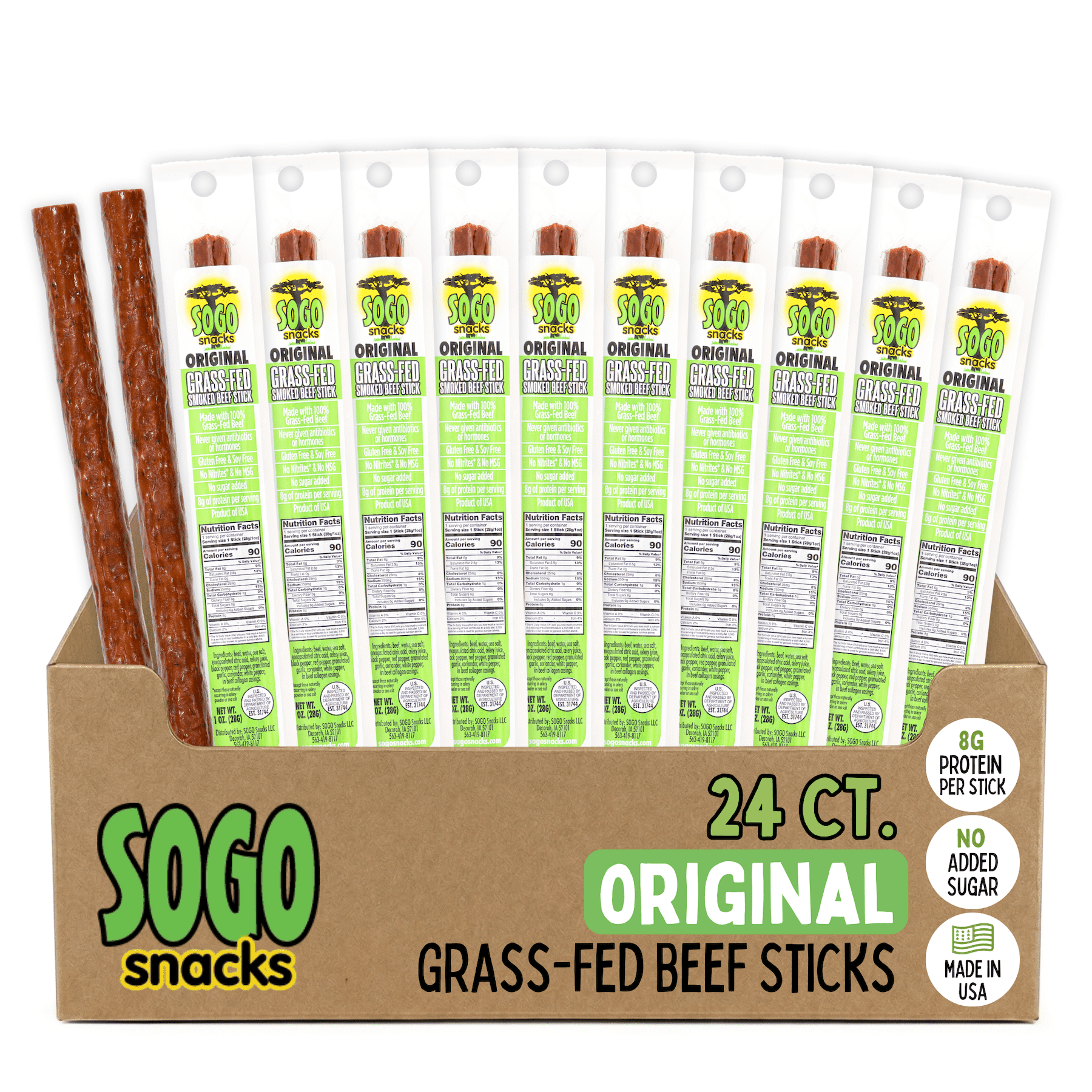 Original, Sogo Snacks, No Sugar, 100% Grass-fed & Grass-finished, Non-GMO Beef Sticks. No Added Nitrates, Gluten, Soy, MSG, Dairy, Nuts. Keto, Whole, Paleo Friendly (Original, 1-oz, 24 Count)