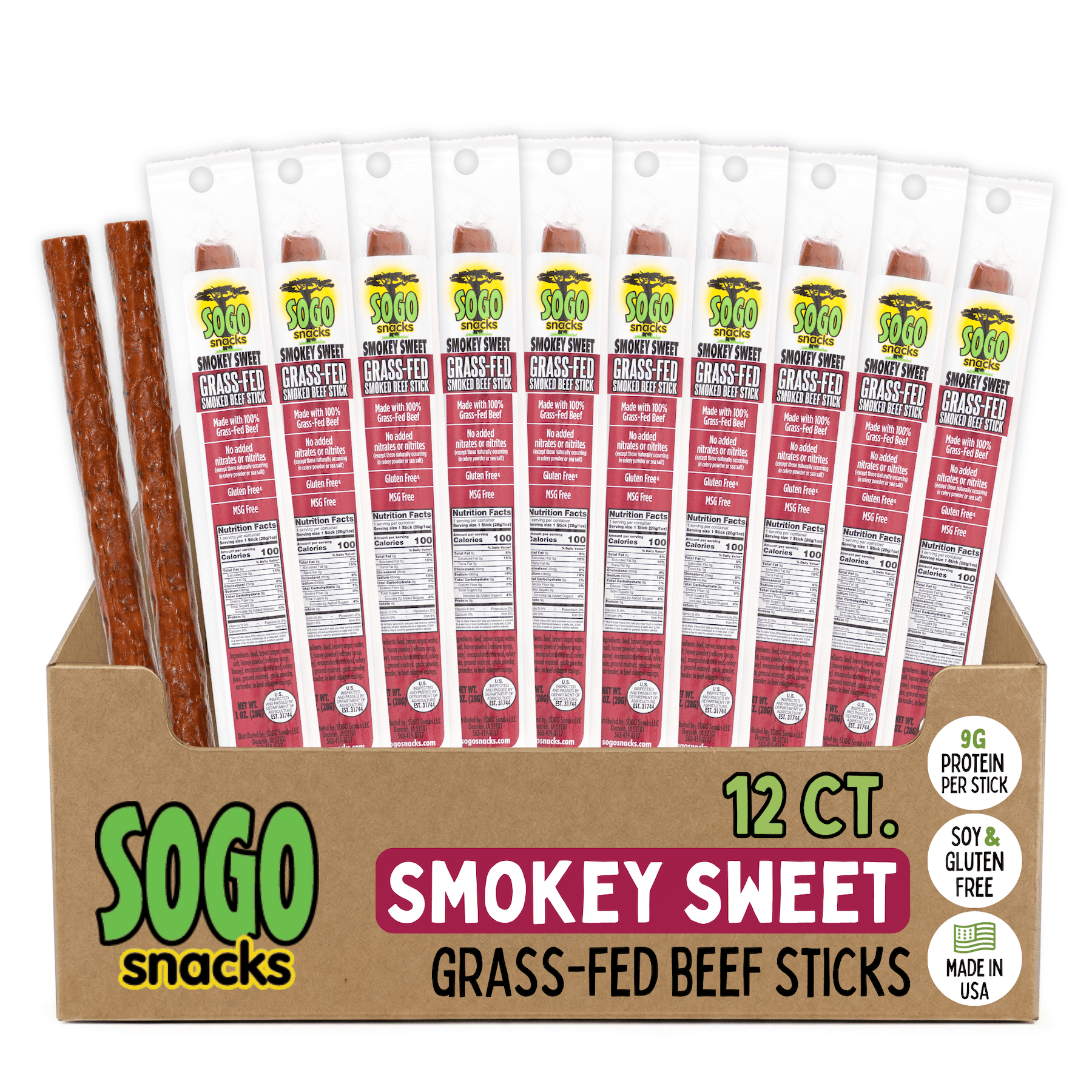 Sogo Snacks Beef Sticks Smokey Sweet Grass-Fed Keto Friendly Soy-Free 12-Count 1-oz