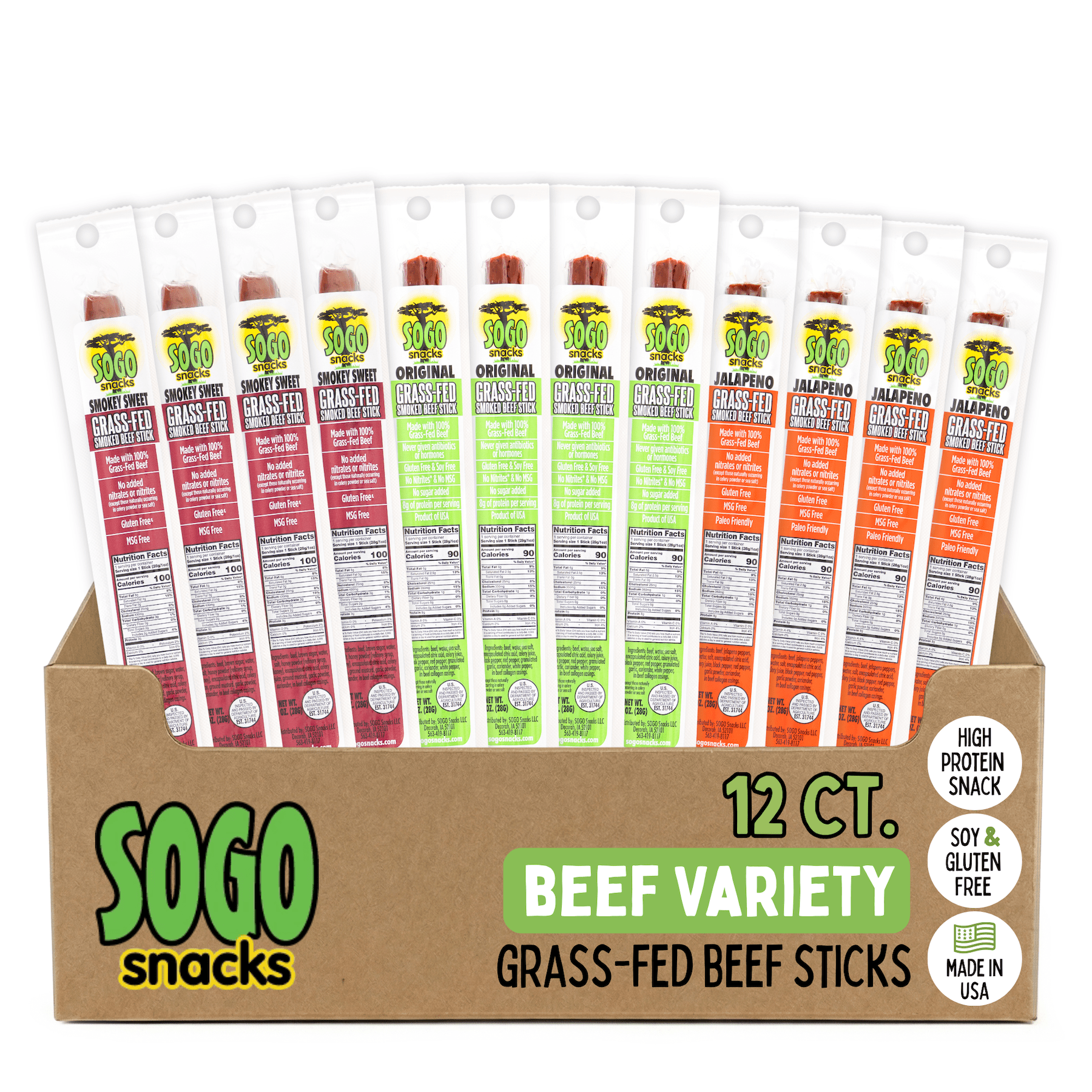 Variety - Original, Jalapeno, Smokey Sweet Flavors Grass Fed Beef Stick, Gluten-Free Snack, Road Trip Snacks, Snack Pack of 12, Spice Level 0-3.5 of 5 Jerky Sticks - Sogo Snacks