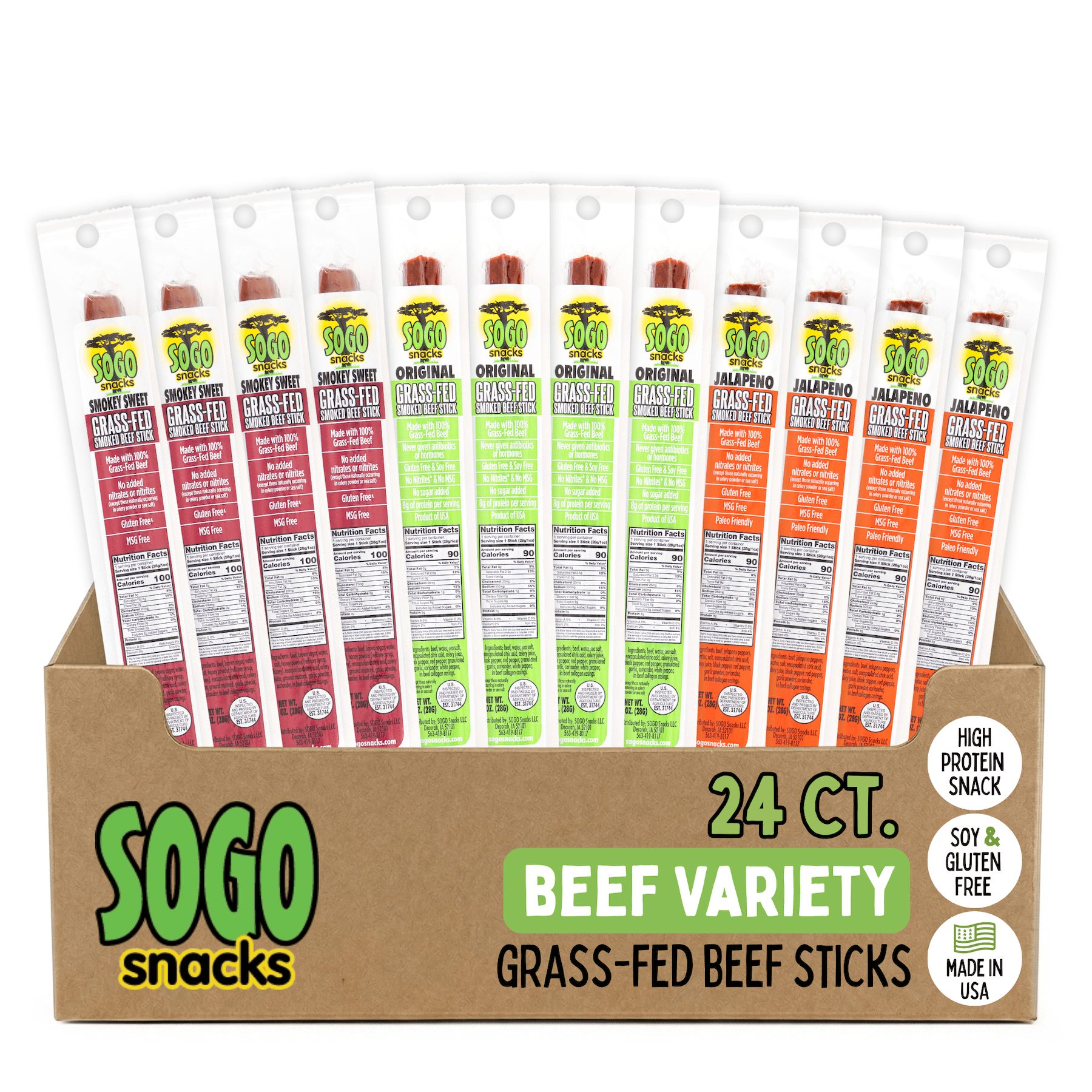 Variety - Original, Jalapeno, Smokey Sweet Flavors Grass Fed Beef Stick, Gluten-Free Snack, Road Trip Snacks, Snack Pack of 24, Spice Level 0-3.5 of 5 Jerky Sticks - Sogo Snacks