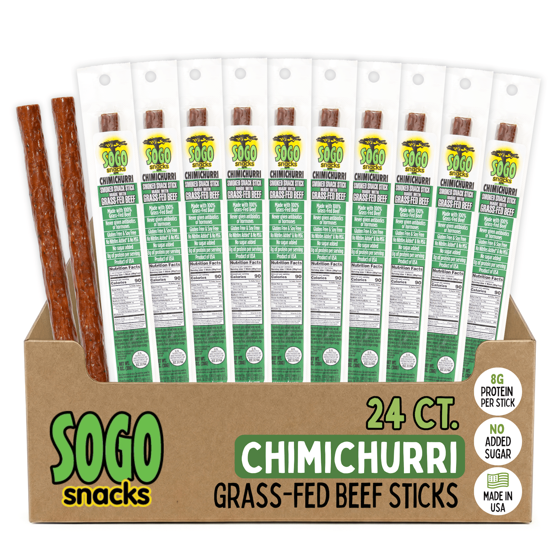 Chimichurri, Sogo Snacks, No Sugar, Low Carb, 100% Grass-fed, Non-GMO Beef Sticks. Gluten Free Snack, Hiking and Road Trip Snacks. Keto, Whole, Paleo Friendly (Chimichurri, 1-oz, 24 Count)