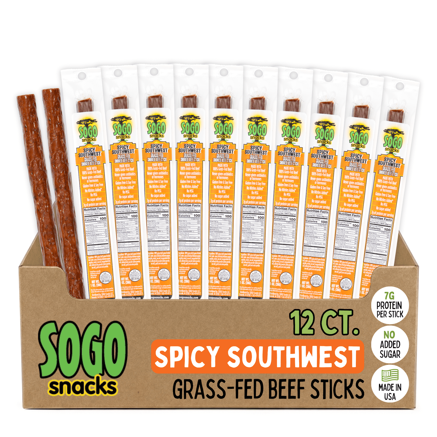 Sogo Snacks Beef Sticks Spicy Southwest Grass Fed Keto Gluten-Free No Sugar 12 Count 1-oz