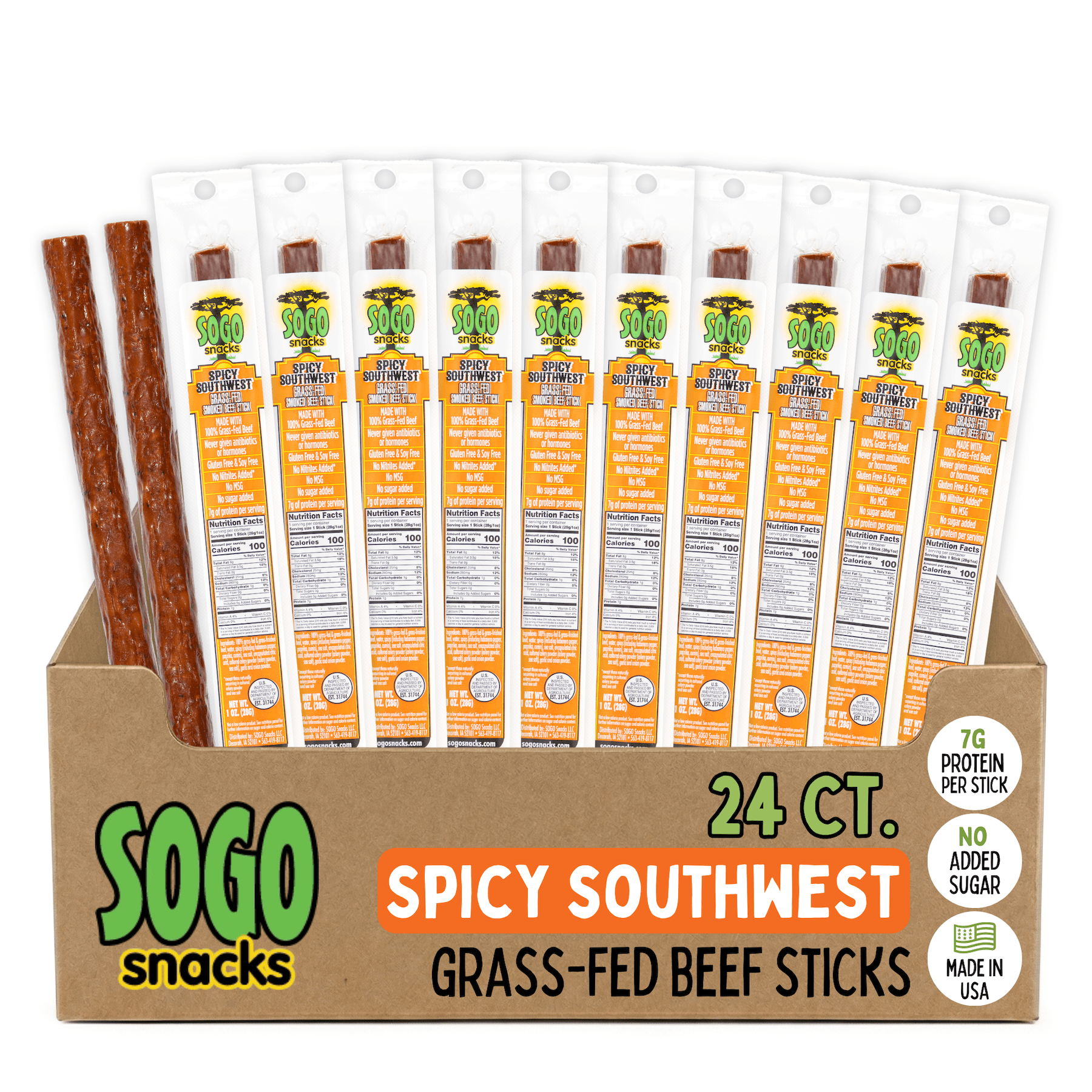 Spicy Southwest, Grass Fed Beef Sticks. No Sugar, Artificial Nitrates, Nuts or MSG. Gluten, Soy, Dairy Free Beef Jerky. Low Calorie High Protein Meat Stick. Paleo & Keto Snack (24 Cnt)