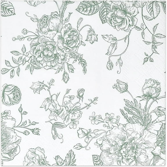 Gift Boutique Green & White Floral Paper Cocktail Napkins, Disposable 3-Ply Beverage Napkins, 100 Count