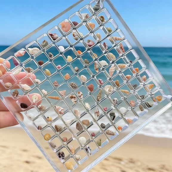 100 Grids Acrylic Magnetic Seashell Display Box, Clear Sea Shell Holder Display, Seashell Display Case with Grid, Beach Magnet Storage Organizer Case, for Beach Shells, Crystals