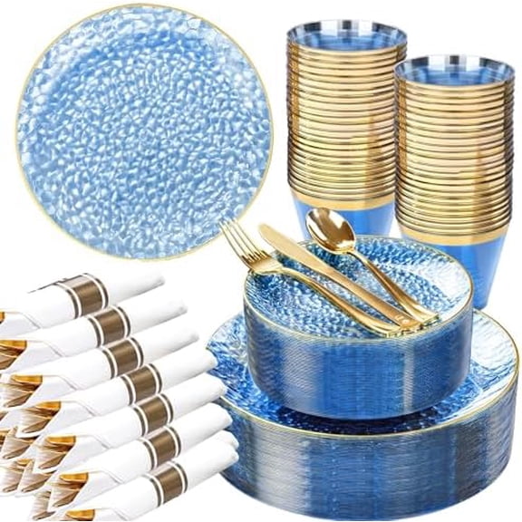 100 Guest Blue Gold Plastic Dinnerware Set,Clear Blue Disposable With Gold Rim, Hammer Fancy Party Plates Include 100Dinner Platos,100Cake Platos,100Cups,100 Pre Rolled gold Cutlery