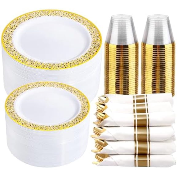 100 Guests Dinnerware Sets, Gold Plastic Plates, Platos Para Fiestas Elegantes Desechables Include:100 Dinner Plates,100 Dessert Plate,400 Pcs Gold Plastic Silverware, 100 Cups for Party