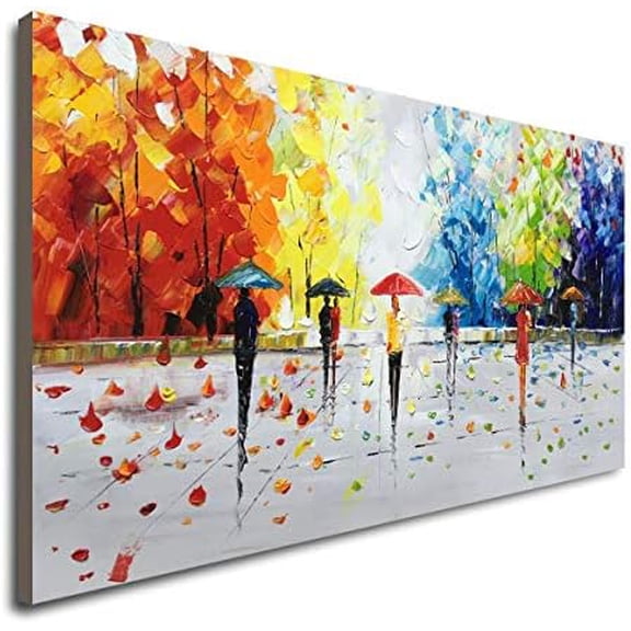100% Hand-painted Textured Romantic Wall Art Couple Walking in The Rain Abstract Street Walk Artwork Colorful Landscape Oil Painting on Canvas for Living Room Bedroom Decor