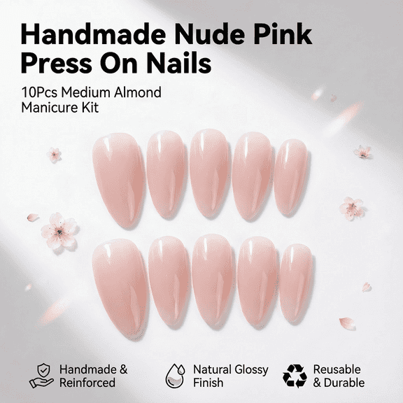Handmade Press on Nails Almond Shaped, Semi-Transparent Nude Pink, 10Pcs Medium False Nails for Women