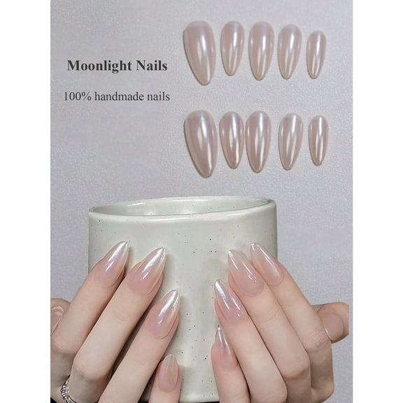 100% Handmade Press On Nails Fairy Glitter Metal Silvery Snow Light Nude Color Fake Nail Tips 10pcs Almond Nails Simple Nail Art Design For Daily Use And Party Manicure Products Nail Supplies