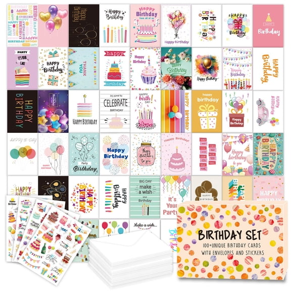 100 Happy Birthday Cards with Envelopes, Birthday Cards Bulk with Short Generic Message Inside and Stickers, Assorted Birthday Cards Assortment for Business, Office and Personal, Set A