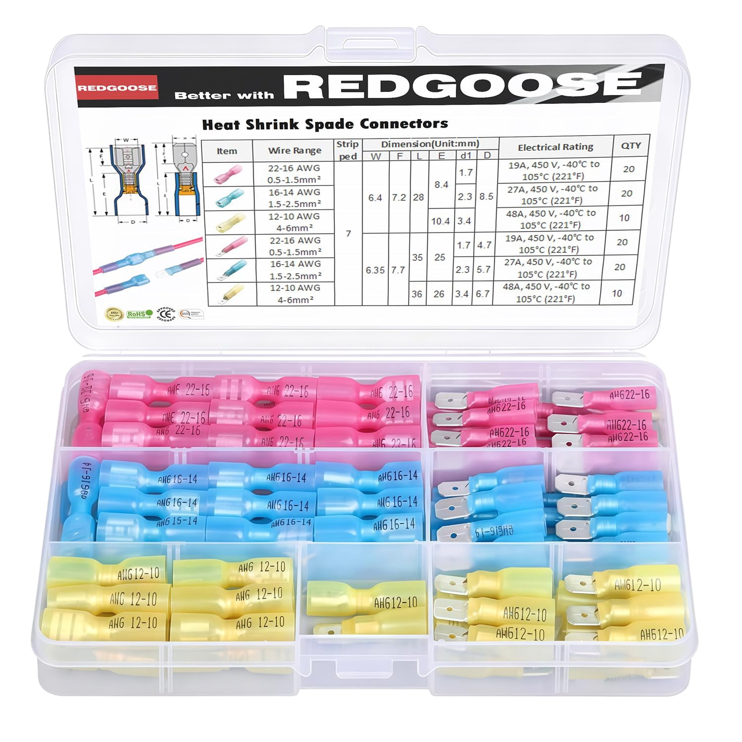 100 Heat Shrink Fork Connectors 1/4 Inch 22-10 AWG Wire Size Male-Female Terminals Insulated Waterproof Quick Disconnect Cable Crimp Terminal Kit