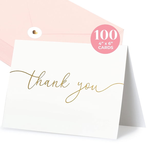100 Heavyweight Blank Thank You Cards With Envelopes & Stickers Premium Wedding Set Bulk Gold Script Notes Bridal Shower (4 X 6 Inches) (100 Pack)