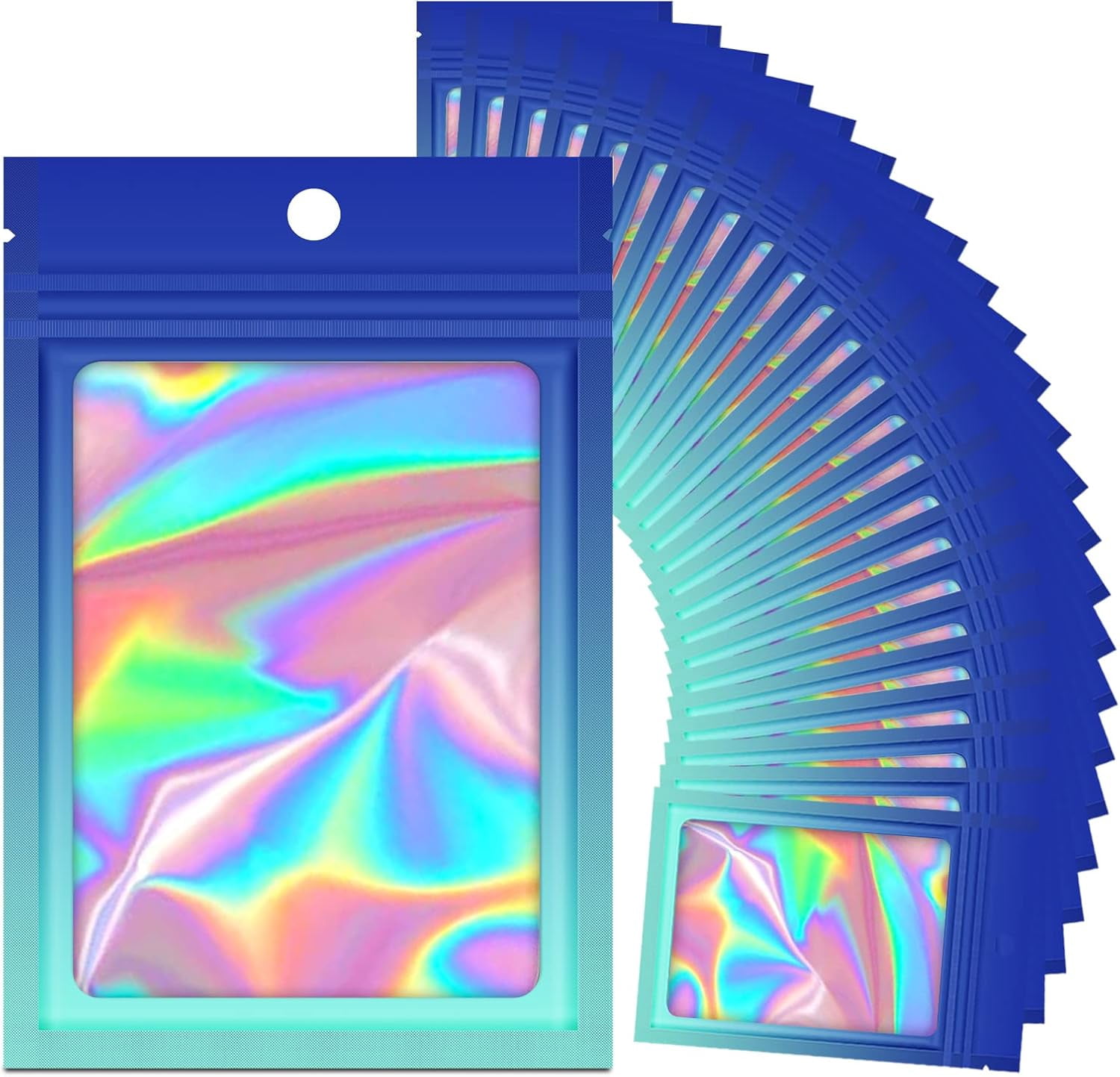 100 Holographic Gradient Mylar Bags with Clear Window, Resealable Zip Pouch, Packaging Party Sample Bags (Gradient Blue, 4.1x5.9 Inch)