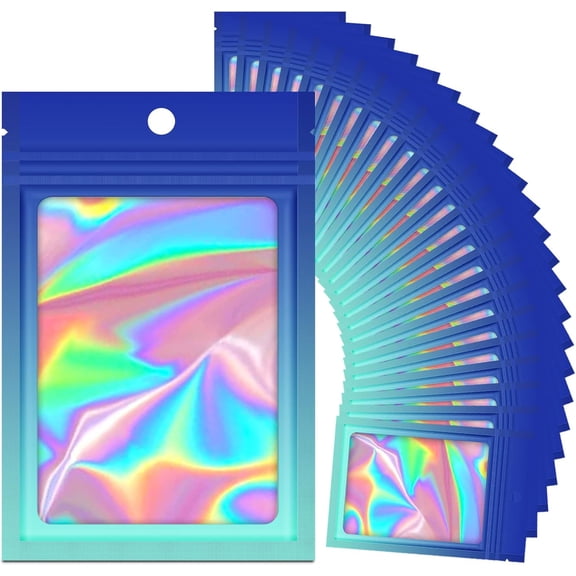 100 Holographic Gradient Mylar Bags with Clear Window, Resealable Zip Pouch, Packaging Party Sample Bags (Gradient Blue, 5.5x7.8 Inch)