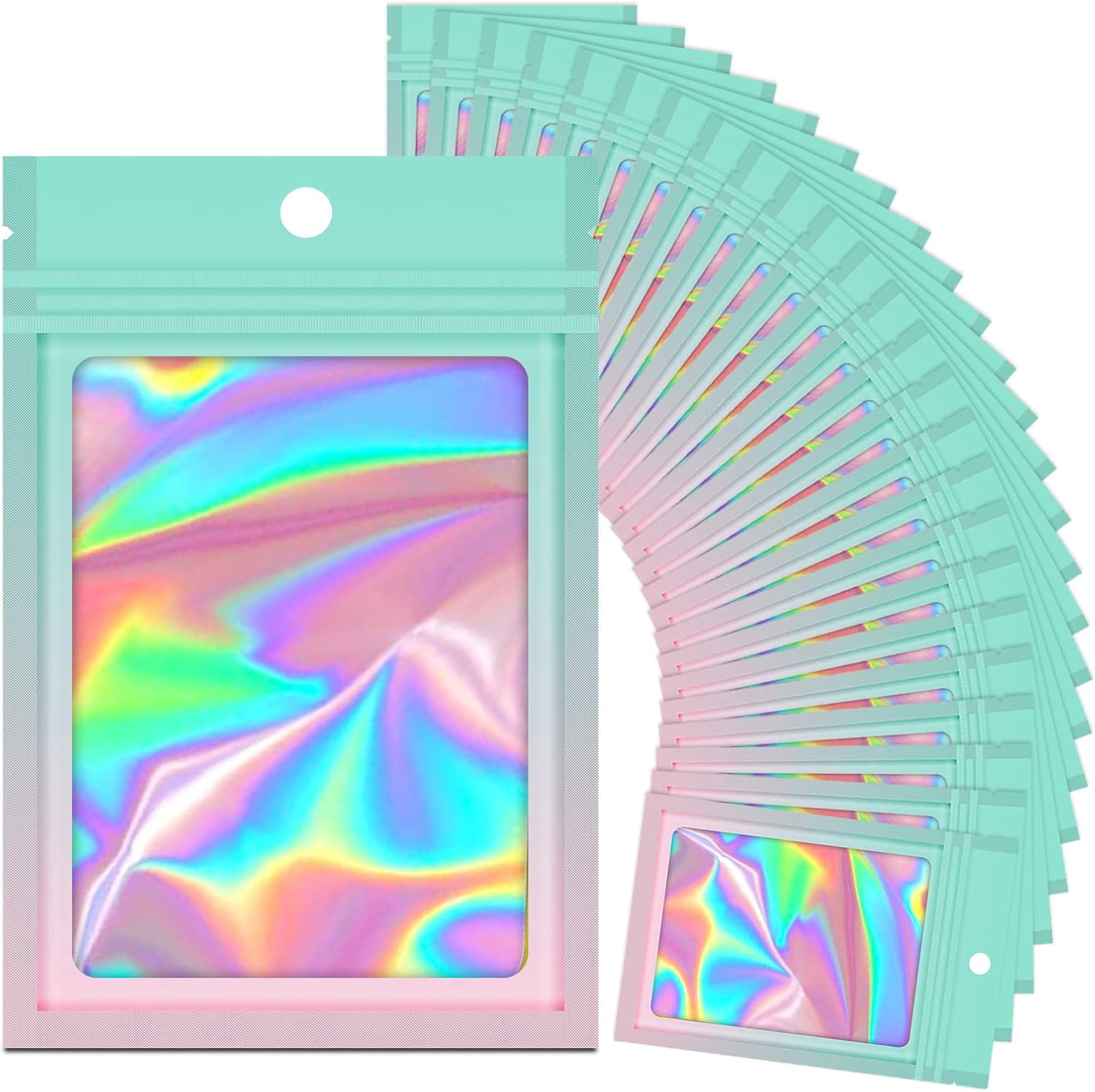 100 Holographic Gradient Mylar Bags with Clear Window, Resealable Zip Pouch, Packaging Party Sample Bags (Green&, 3.5x4.7 Inch)