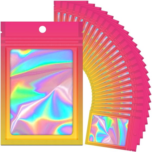 100 Holographic Gradient Mylar Bags with Clear Window, Resealable Zip Pouch, Packaging Party Sample Bags (Hot Pink&Orange, 3.5x4.7 Inch)
