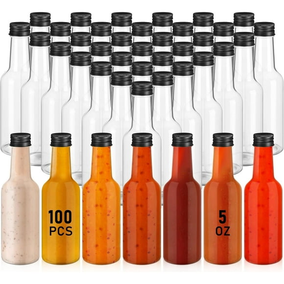 100 Hot Sauce Bottles Small Plastic Clear Woozy Bottles Empty with Leak Proof Black Screw Cap Mini Wine Liquor jars for Kitchen Sauce Salad Dressing Syrup Juice Whiskey(5 oz)