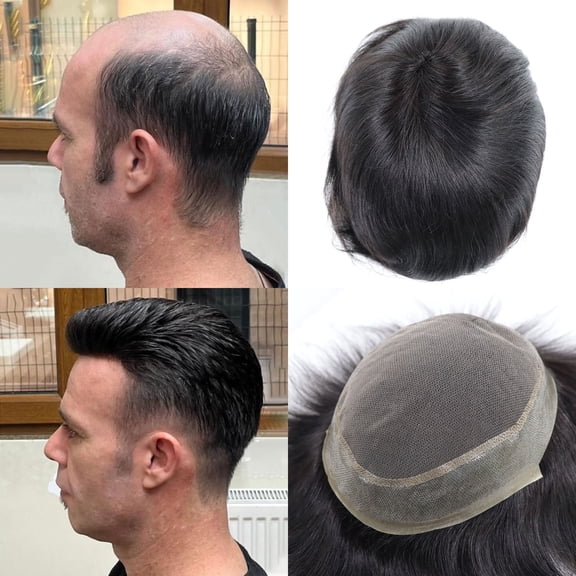 100% Human Hair Australia Toupee for Men Hair Piece Breathable Lace Top With PU Skin Around Hair Replacement System Invisible Hairline Male Hair Prosthesis #1B