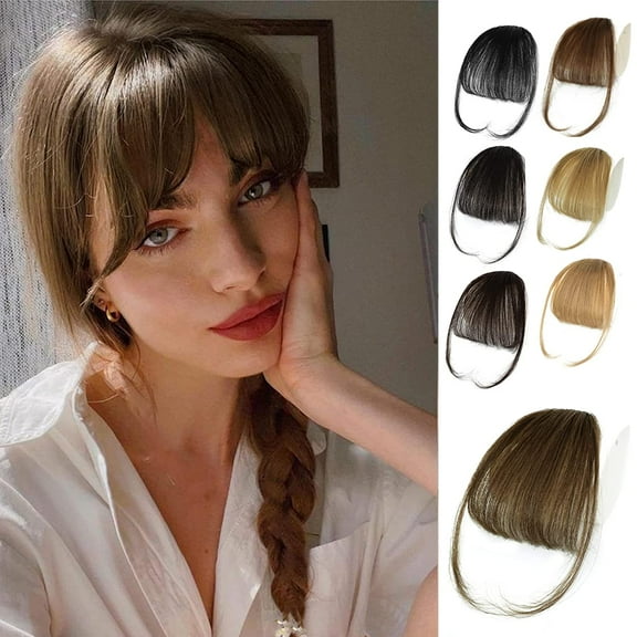 100% Human Hair Bangs Clip in Hair Extensions, Light Brown Color #6 Clip on Bangs Wispy Bangs Fringe with Temples Hairpieces for Women Curved Bangs for Daily Wear