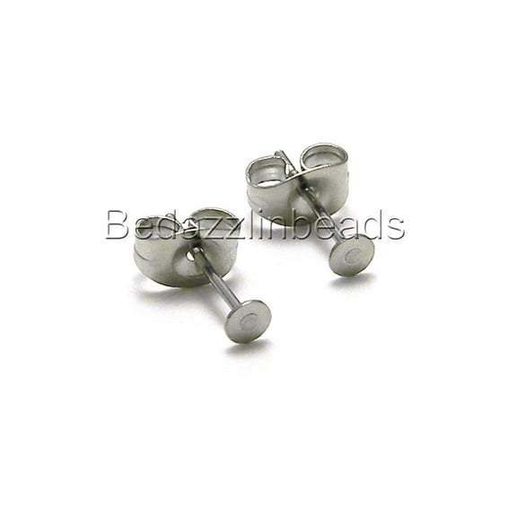 100 Hypo-Allergenic 304 Grade Stainless Surgical Steel Flat Pad Setting Earring Findings with Backs (3mm)