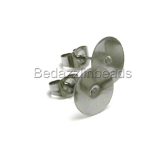 100 Hypo-Allergenic 304 Grade Stainless Surgical Steel Round Flat Pad Setting Stud Post Earring Findings with Backs (10mm)