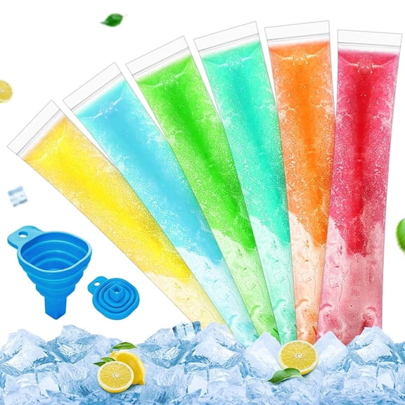 100 Ice Lolly Bags Disposable Ice Popsicle Mold Bags, Freezer Tubes Ice Cream Mold Easy to Fill for Snacks Yogurt Juice Fruit Ice Candy Pops Comes with Funnel (1.8 x 8.7 Inch)