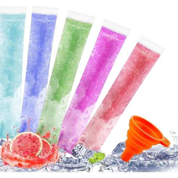 100 Ice Lolly Bags Disposable Ice Popsicle Mold Bags, Freezer Tubes Ice Cream Mold Easy to Fill for Snacks Yogurt Juice Fruit Ice Candy Pops Comes with Funnel (1.8 x 8.7 Inch)