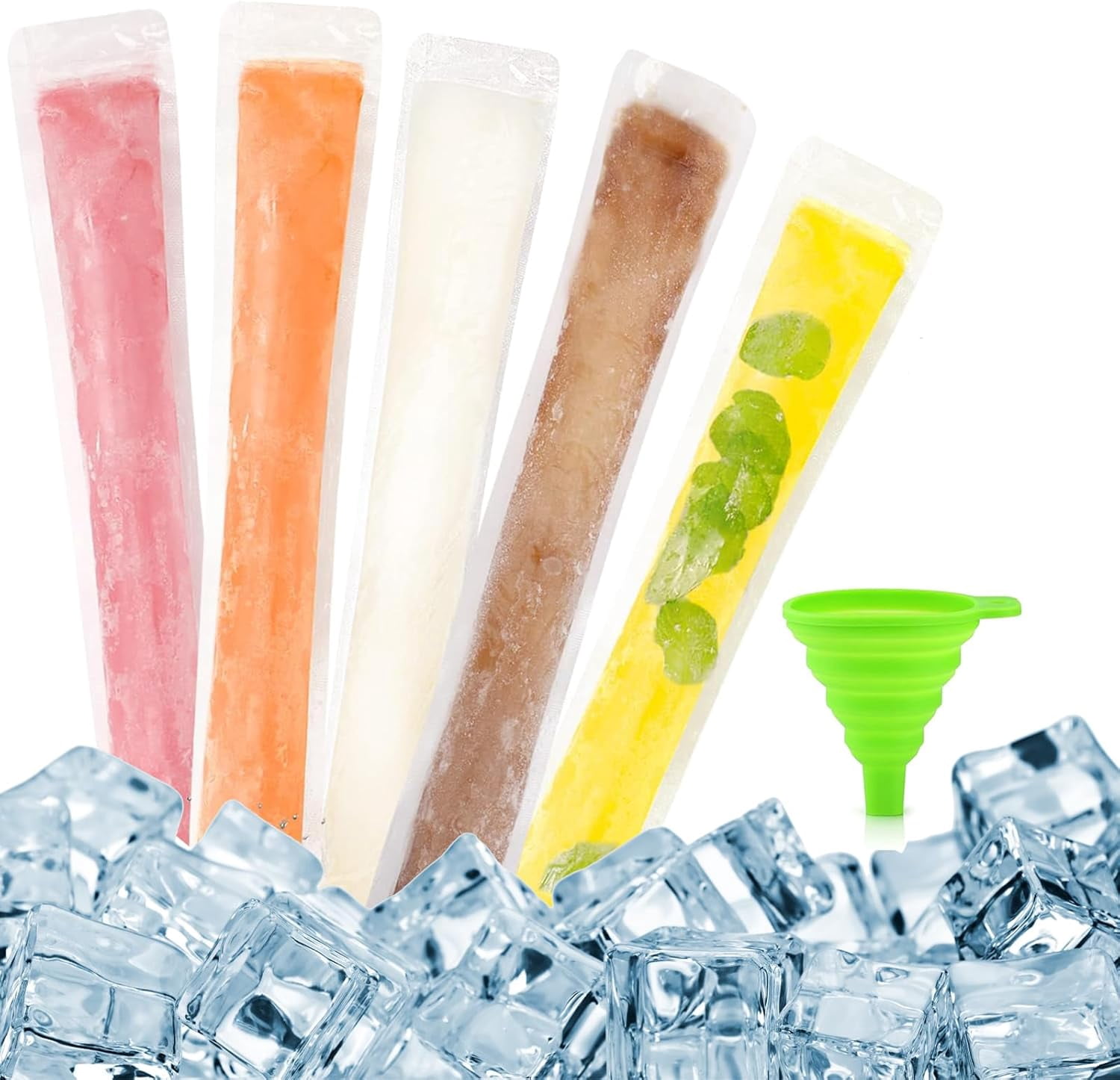 100 Ice Pop Bags with Silicone Funnel - BPA Free Freezer Pop Bags for ...