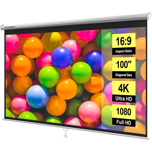 100 Inch 16:9 Pull Down Projector Screen, HD 4K Retractable Movie Screen for Indoor Home Theater and Office, Manual Projection with Auto Locking (87W x 49H Display Area)