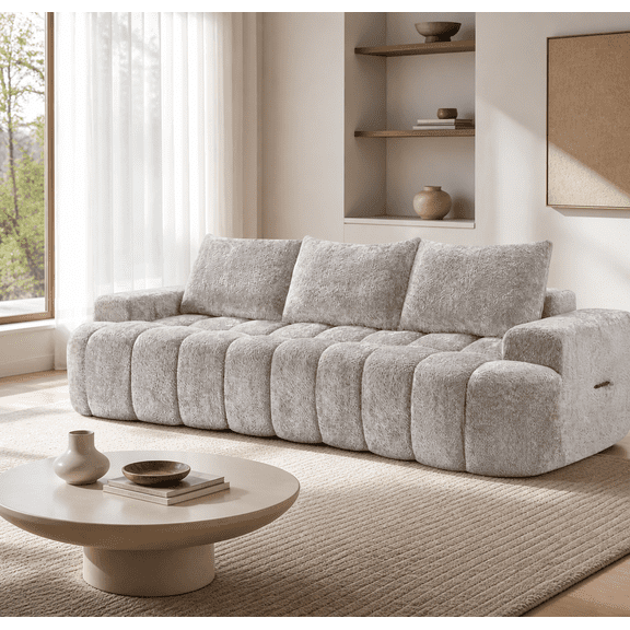 100-Inch Camel 3-Seat Curved Sectional Sofa, Boucle Upholstery, Compressed Foam