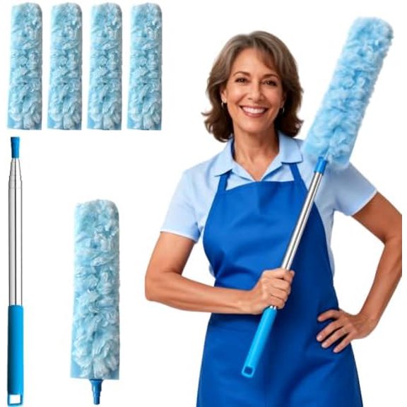 100 Inch Extended Handle Duster Heavy Duty Dusting 360° Duster Refills Kit, Microfibers Multi-Surface Dusters. Efficient Duster Kit for Cleaning Pet Hair, Home, Office, Blinds, Furniture (Blue)