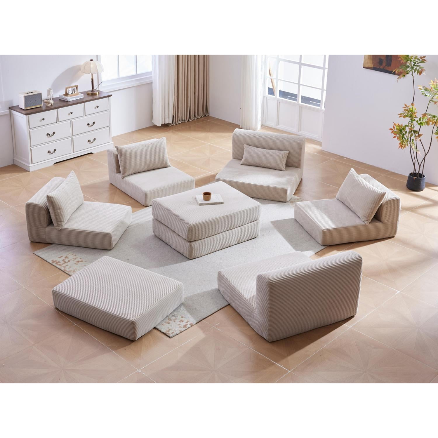 100-Inch L-Shaped Modular Sectional Sofa Couch Set with 5 Pillows, Corduroy Convertible Floor Sofa with High-Density Spring Foam for Living Room Apartment, Camel