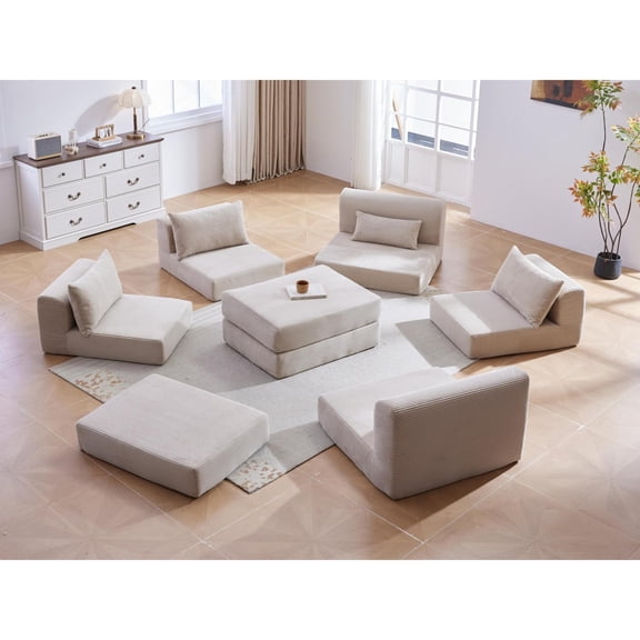 100-Inch L-Shaped Modular Sectional Sofa Couch Set with 5 Pillows, Corduroy Convertible Floor Sofa with High-Density Spring Foam for Living Room Apartment, Camel