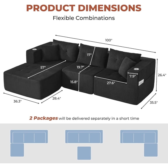 100 Inch L Shaped Sectional Sofa with Storage Ottoman and Cup Holder for Living Room