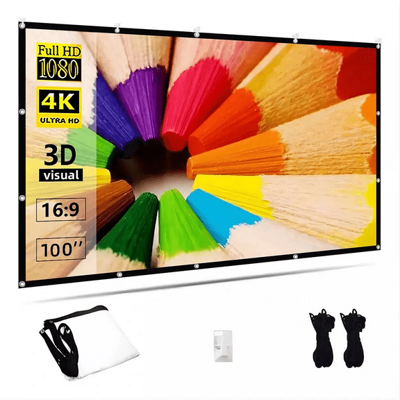 100 Inch Projector Screen, 16:9 Foldable Anti-Crease Portable Projector Movies Screens, Quick Setup No-Drill Hanging, Indoor/Outdoor Sided Movie Screen for Home Theater, Camping, Office
