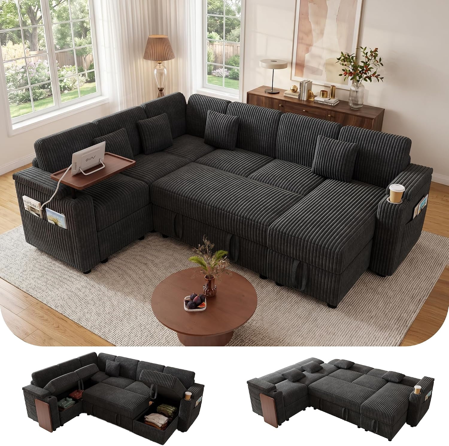 100 Inch U Shaped Pull Out Sofa Bed, Soft Corduroy Sleeper Sofa with USB Ports, Cup Holder, Table Board and Storage