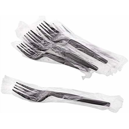 Party Essentials Individually Wrapped Black Plastic Utensil Sets/Heavy Duty Flatware Packs, Fork, 100 Sets
